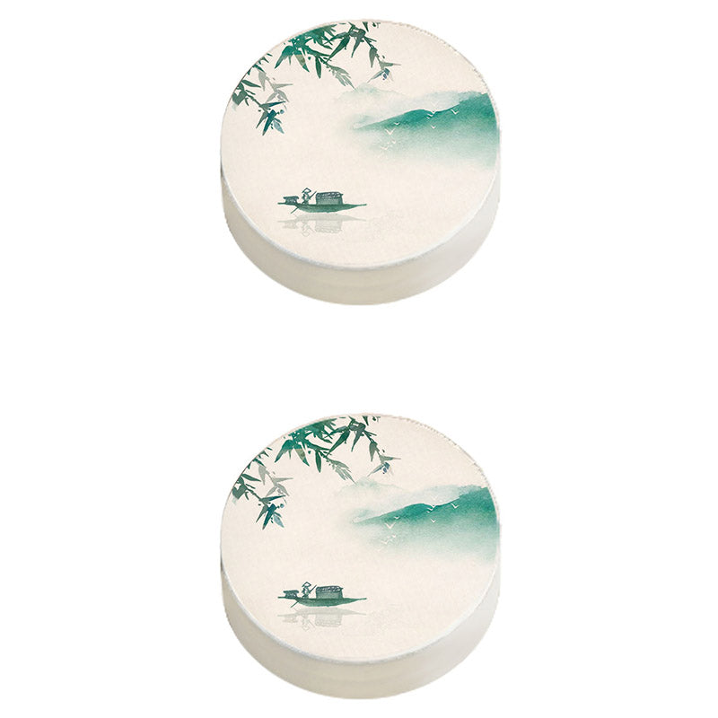 Modern Pouf Ottoman Cotton Upholstered Landscape Painting Round Ottoman