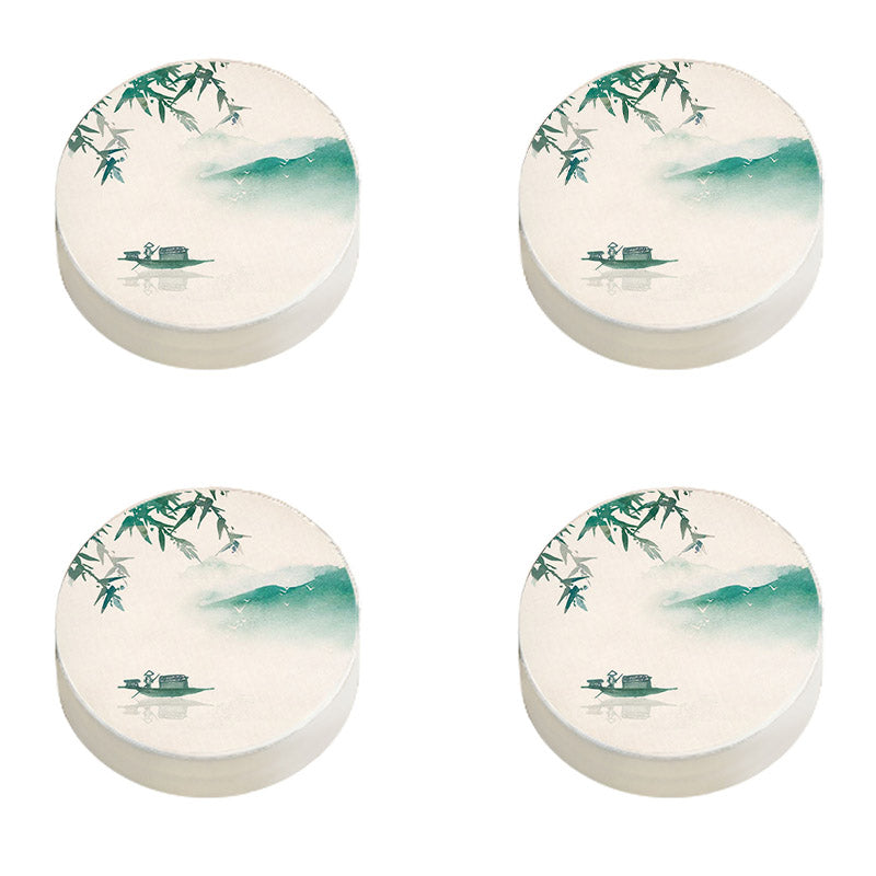 Modern Pouf Ottoman Cotton Upholstered Landscape Painting Round Ottoman