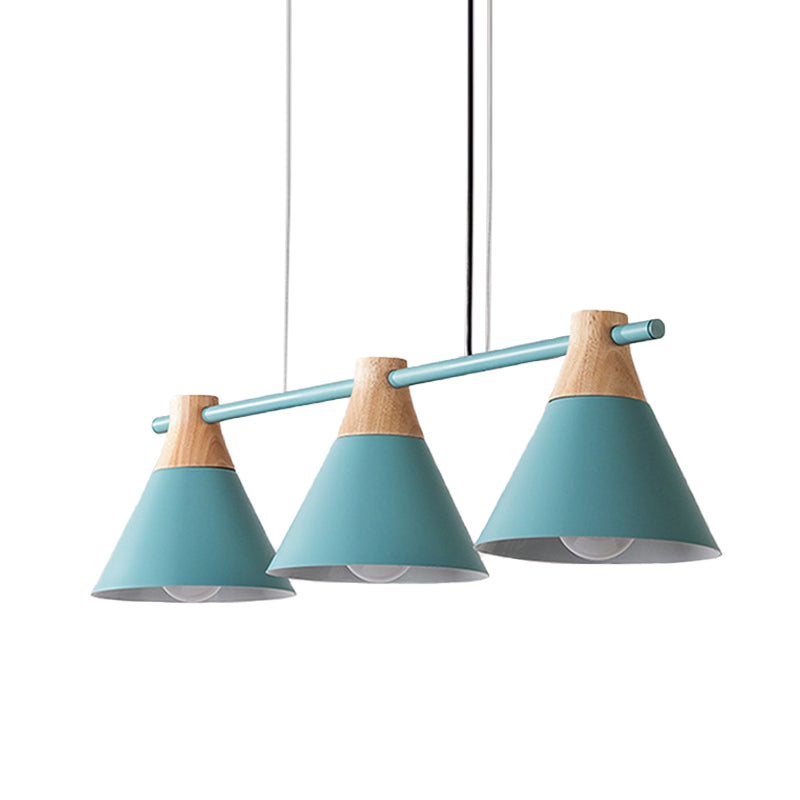 Macaron Cone Iron Hanging Light 3 Heads Island Pendant in Black/White/Blue and Wood over Dining Table
