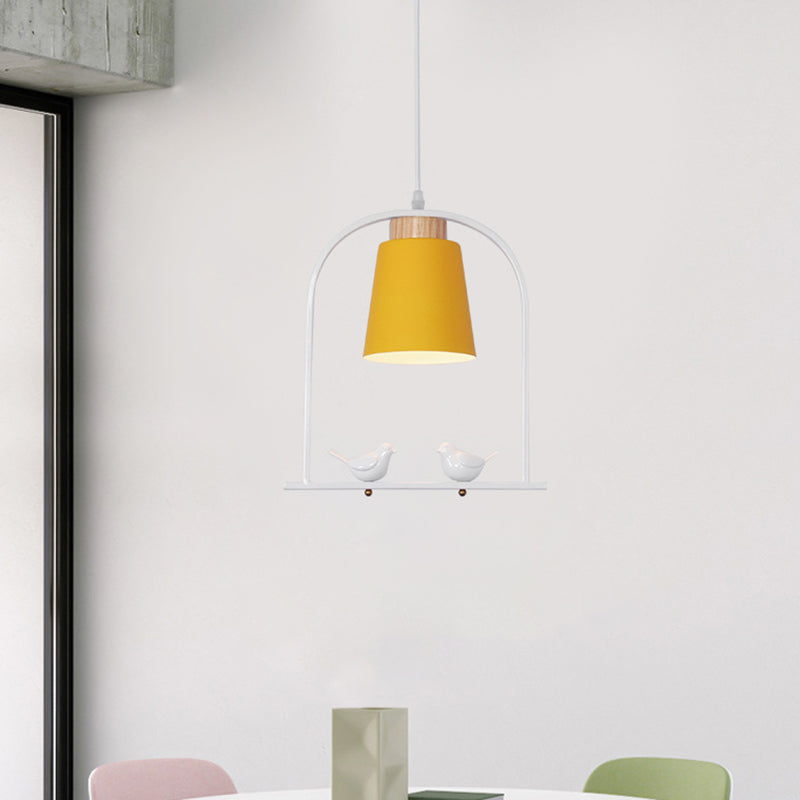 Iron Bucket Pendulum Light Macaron 1 Head Grey/Yellow/Pink Hanging Lamp Kit with Arch Frame and Bird Decor