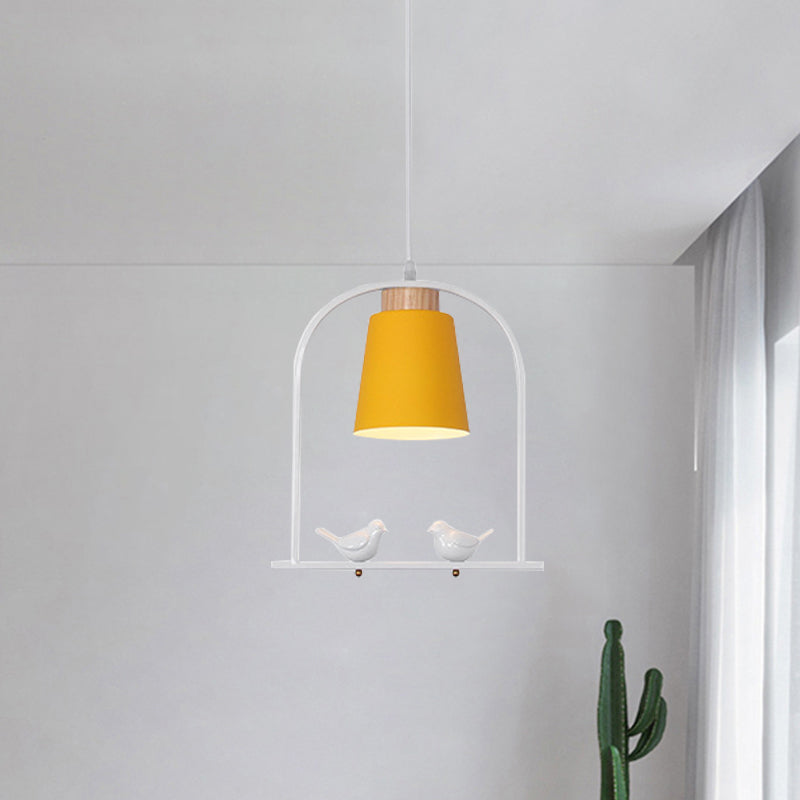 Iron Bucket Pendulum Light Macaron 1 Head Grey/Yellow/Pink Hanging Lamp Kit with Arch Frame and Bird Decor