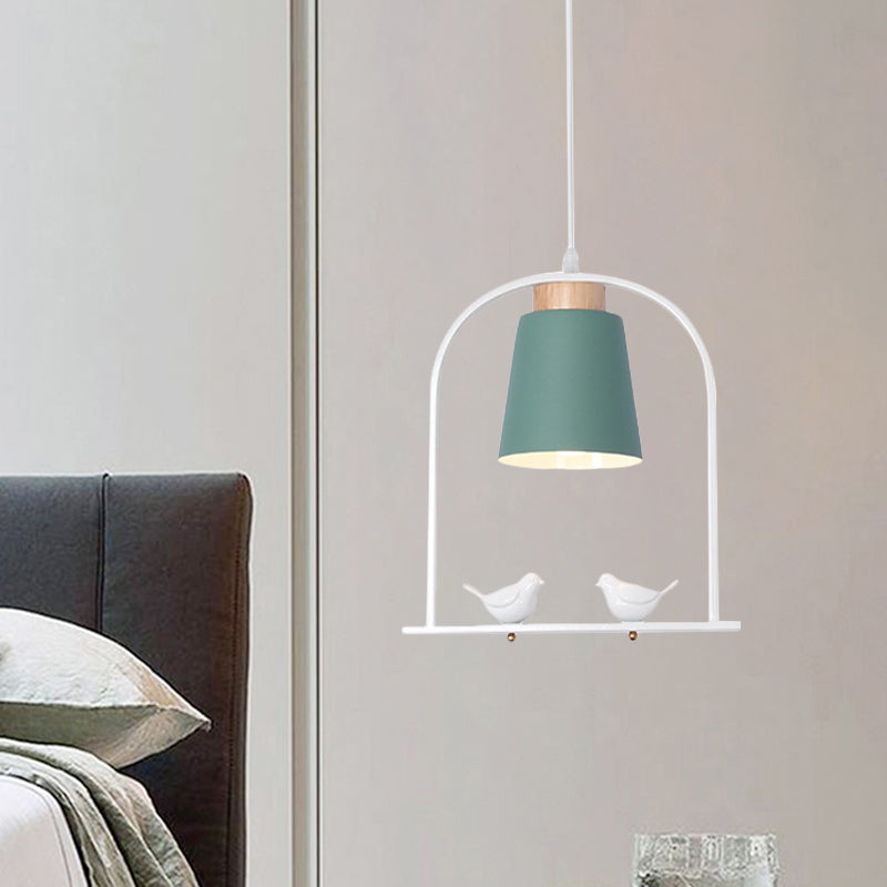 Iron Bucket Pendulum Light Macaron 1 Head Grey/Yellow/Pink Hanging Lamp Kit with Arch Frame and Bird Decor