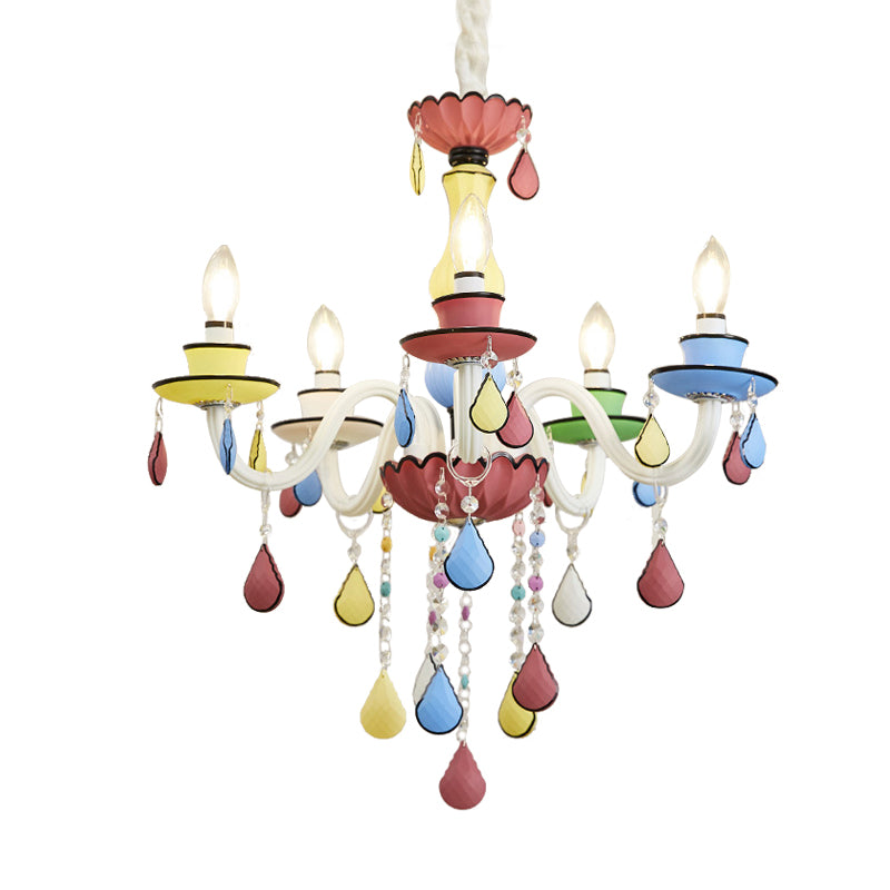Crystal Candelabra Chandelier Macaron 5/6/8 Lights Blue-Pink-Yellow Hanging Pendant with Cascading Drape