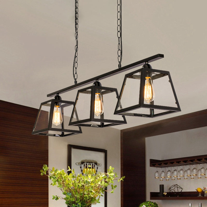 Black 3 Bulbs Island Pendant Light Countryside Clear Glass Trapezoid Hanging Lamp Kit