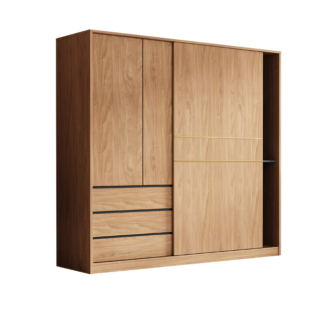 Natural Finish Wardrobe Armoire Sliding Wardrobe Cabinet with Drawer
