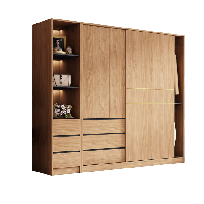 Natural Finish Wardrobe Armoire Sliding Wardrobe Cabinet with Drawer