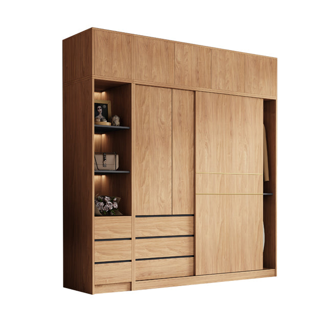 Natural Finish Wardrobe Armoire Sliding Wardrobe Cabinet with Drawer