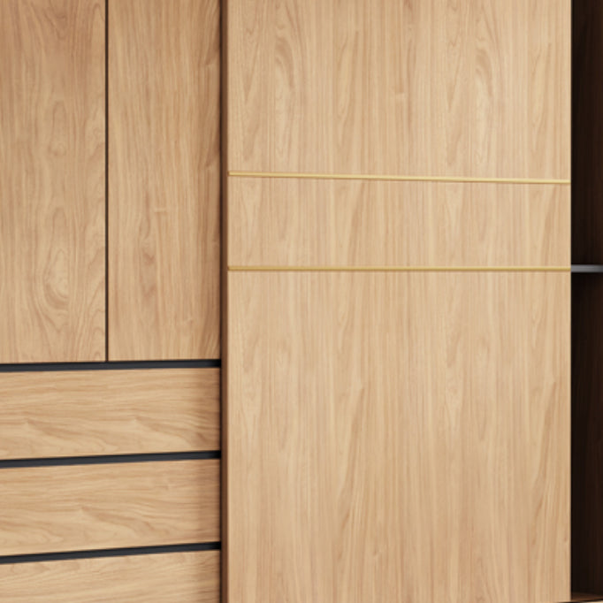 Natural Finish Wardrobe Armoire Sliding Wardrobe Cabinet with Drawer