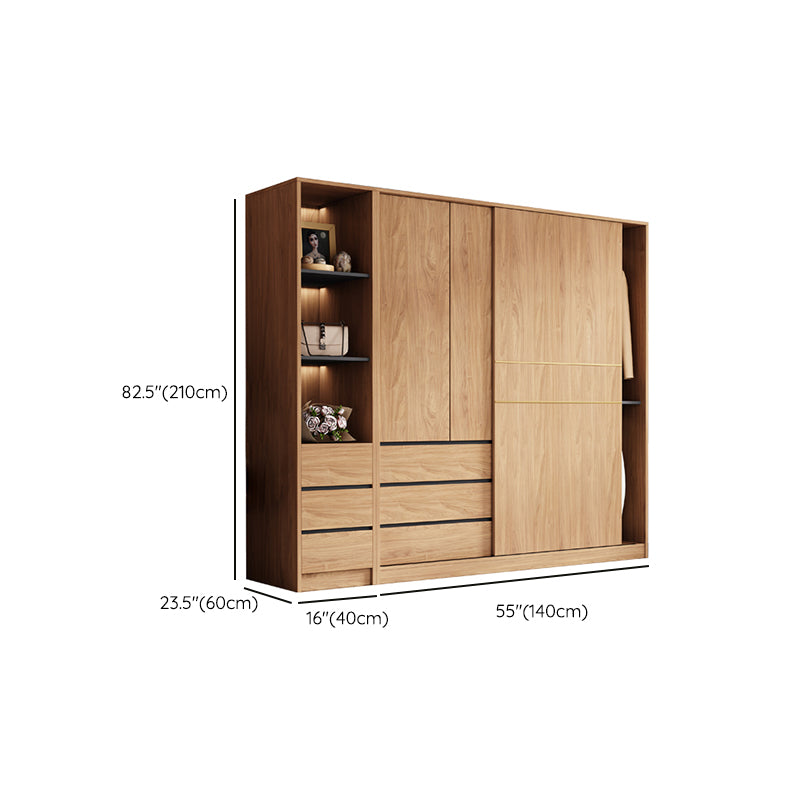Natural Finish Wardrobe Armoire Sliding Wardrobe Cabinet with Drawer