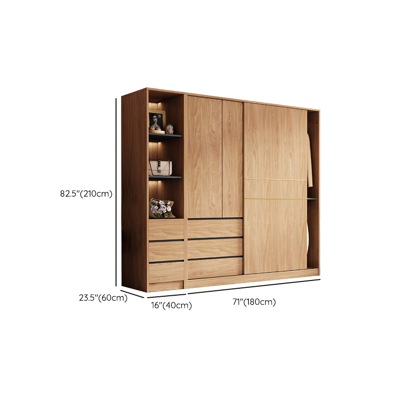 Natural Finish Wardrobe Armoire Sliding Wardrobe Cabinet with Drawer