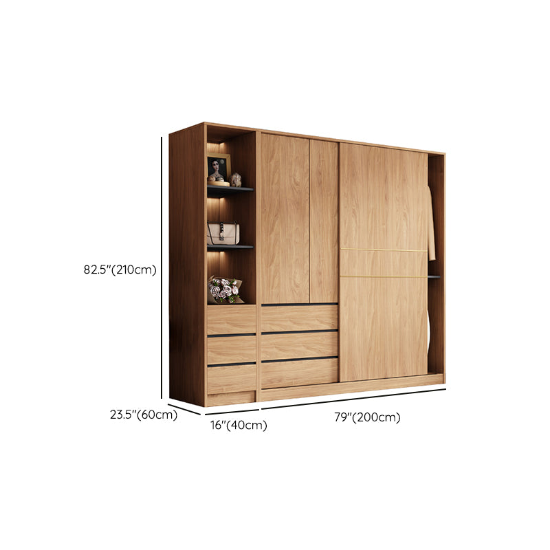 Natural Finish Wardrobe Armoire Sliding Wardrobe Cabinet with Drawer