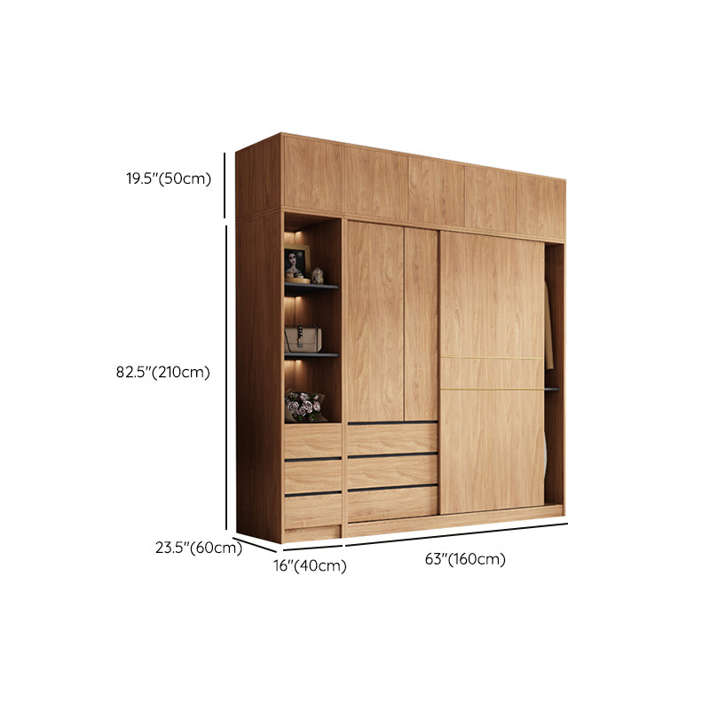 Natural Finish Wardrobe Armoire Sliding Wardrobe Cabinet with Drawer