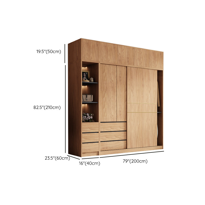 Natural Finish Wardrobe Armoire Sliding Wardrobe Cabinet with Drawer