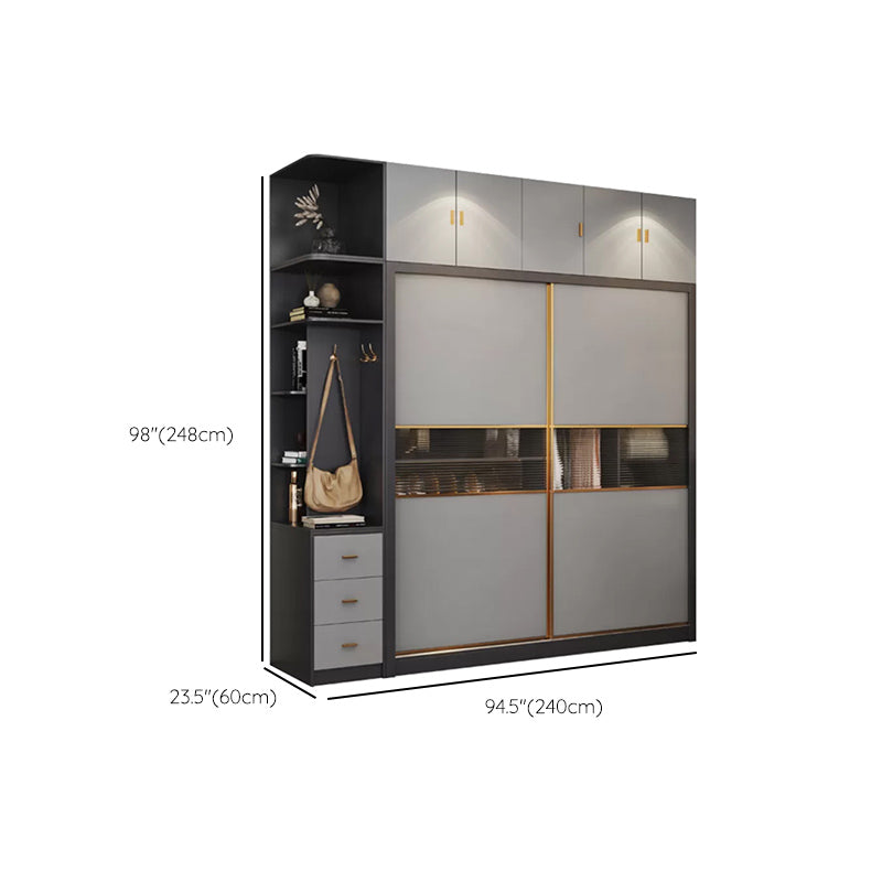 Wooden Sliding Wardrobe Cabinet Grey Wardrobe Armoire with Garment Rod