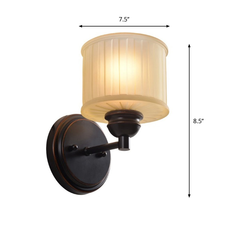 1 Bulb Small Drum Sconce Lighting Country Style Black Finish Tan Glass Wall Mounted Lamp