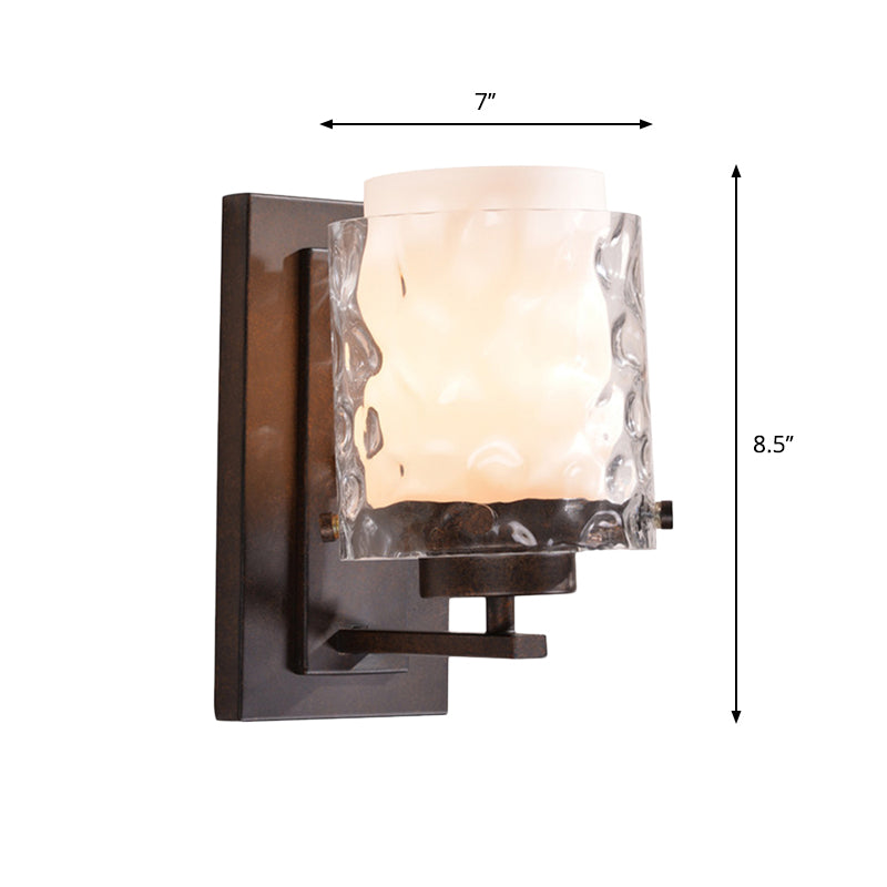 Traditional Cylinder Sconce Lamp Fixture 1-Light Clear Water Glass Wall Lighting in Black with White Shade Inner