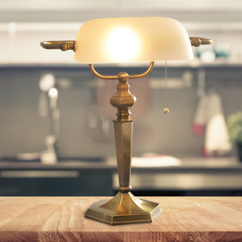 1 Light Pull Chain Night Table Light Traditional Black/Brass Finish Metal Desk Lamp with Tan Glass Shade