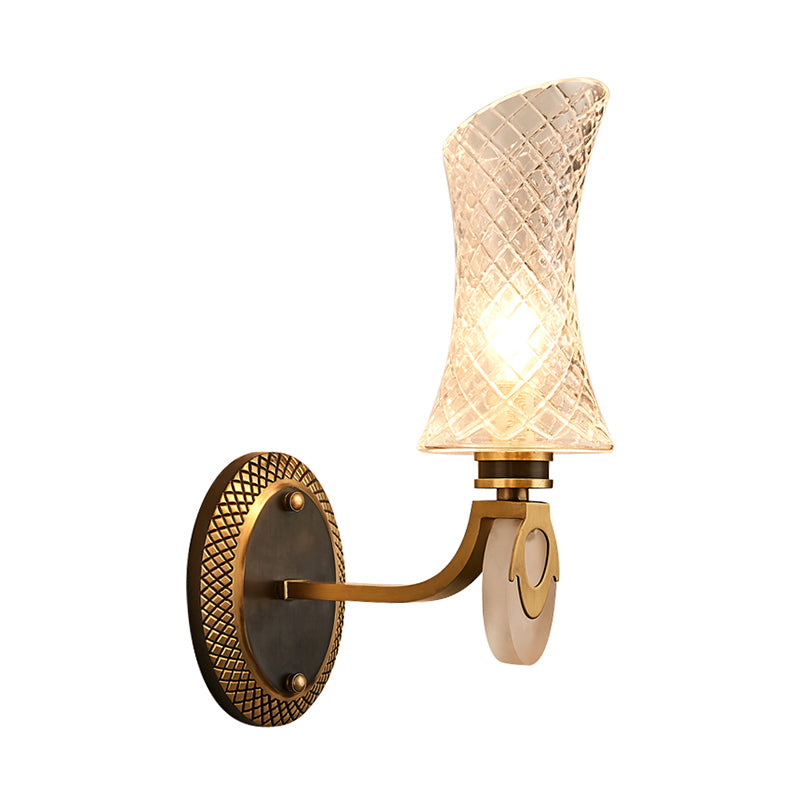 1/2-Light Arc Wall Lighting Traditional Brass Finish Clear Latticed Glass Wall Mounted Lamp