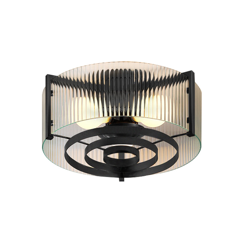 Clear Trellis/Stripe Glass Round Flushmount Modernist 3 Bulbs Bedroom Flush Mounted Light in Black