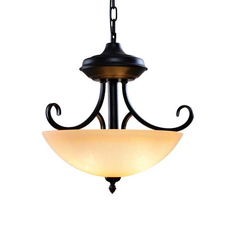 Black Domed Chandelier Lighting Traditional Tan Glass 3-Head Corridor Hanging Pendant Lamp