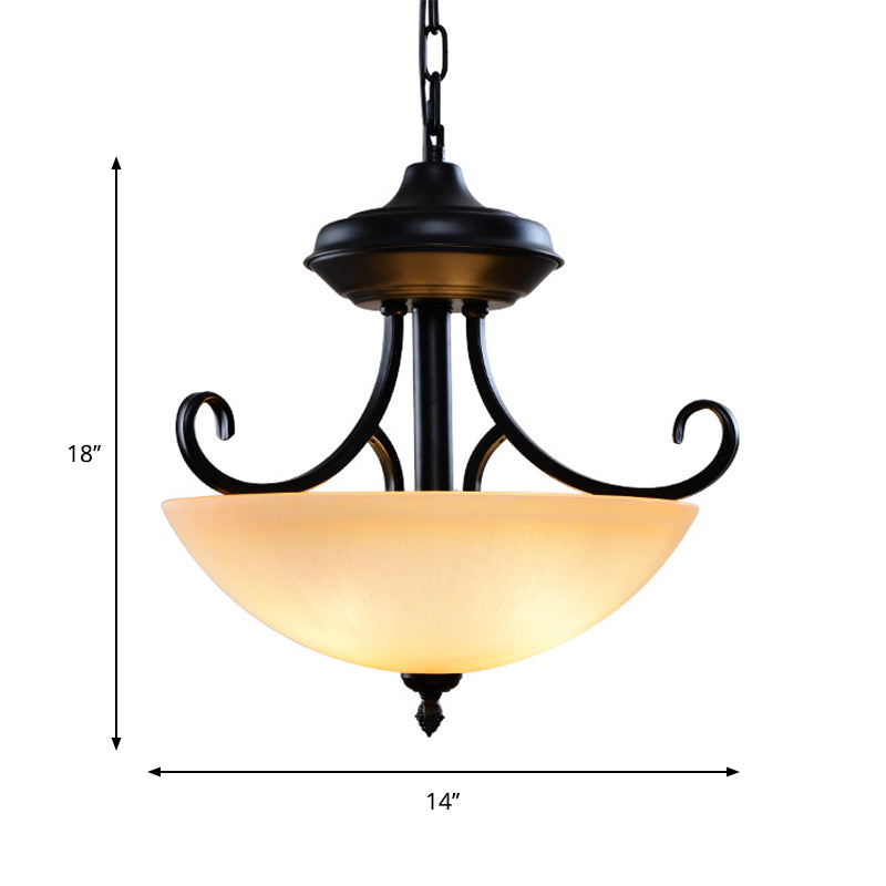 Black Domed Chandelier Lighting Traditional Tan Glass 3-Head Corridor Hanging Pendant Lamp