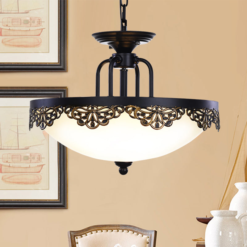 2 Bulbs Dome Hanging Chandelier Countryside Black Finish Opal Glass Pendant Light Fixture