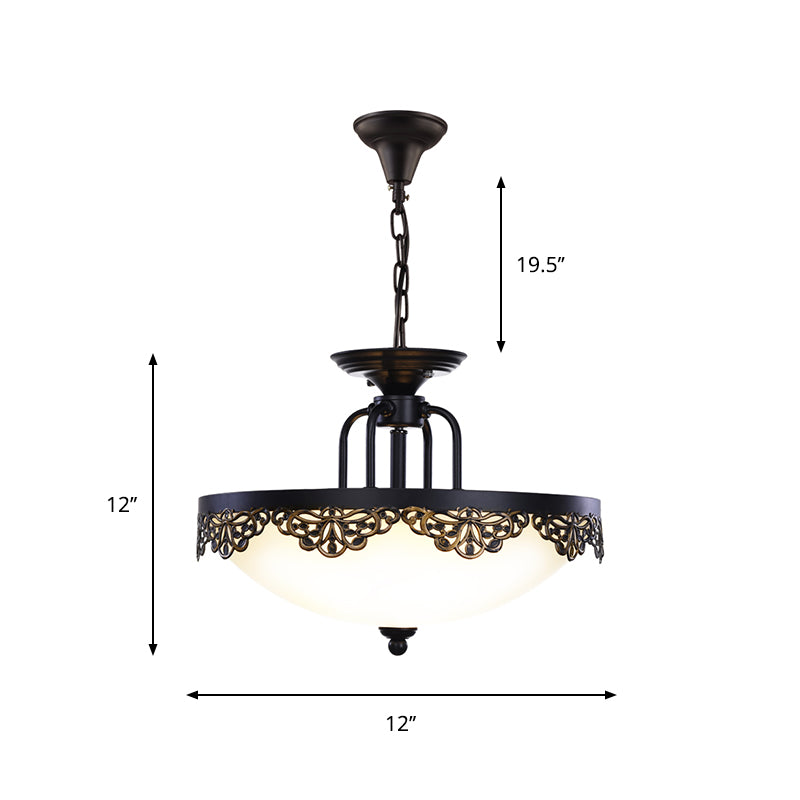 2 Bulbs Dome Hanging Chandelier Countryside Black Finish Opal Glass Pendant Light Fixture
