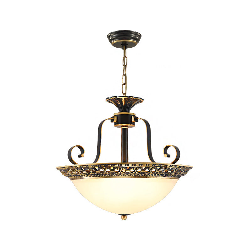 Domed Opal Glass Ceiling Chandelier Traditional 3 Lights Dining Room Suspension Lamp in Brass