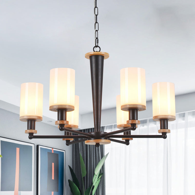 Traditional Cylindrical Pendant Chandelier 3/5/6 Heads White Glass Radial Hanging Ceiling Light in Black