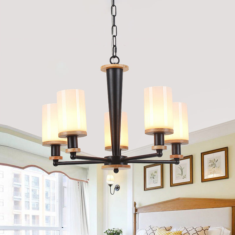 Traditional Cylindrical Pendant Chandelier 3/5/6 Heads White Glass Radial Hanging Ceiling Light in Black