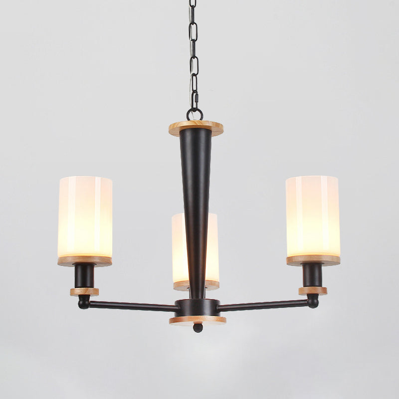 Traditional Cylindrical Pendant Chandelier 3/5/6 Heads White Glass Radial Hanging Ceiling Light in Black