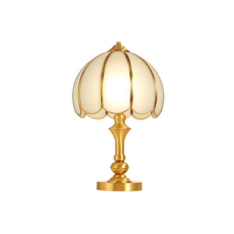 1 Light Night Table Lamp Traditional Bedroom Night Light with Scalloped Dome White Glass Shade in Brass