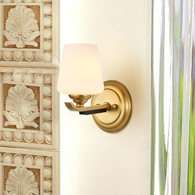 1/2-Head Up Sconce Lighting Traditional Indoor Wall Mounted Lamp with Cone Opal Glass Shade in Brass