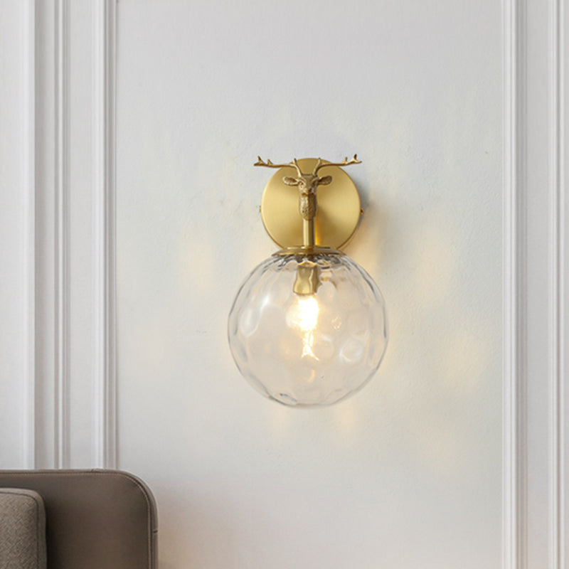 1 Bulb Sconce Light Fixture Vintage Indoor Wall Lamp with Globe Clear Water Glass Shade in Brass