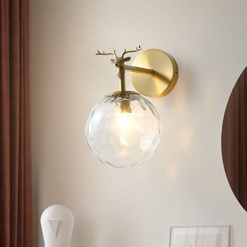 1 Bulb Sconce Light Fixture Vintage Indoor Wall Lamp with Globe Clear Water Glass Shade in Brass