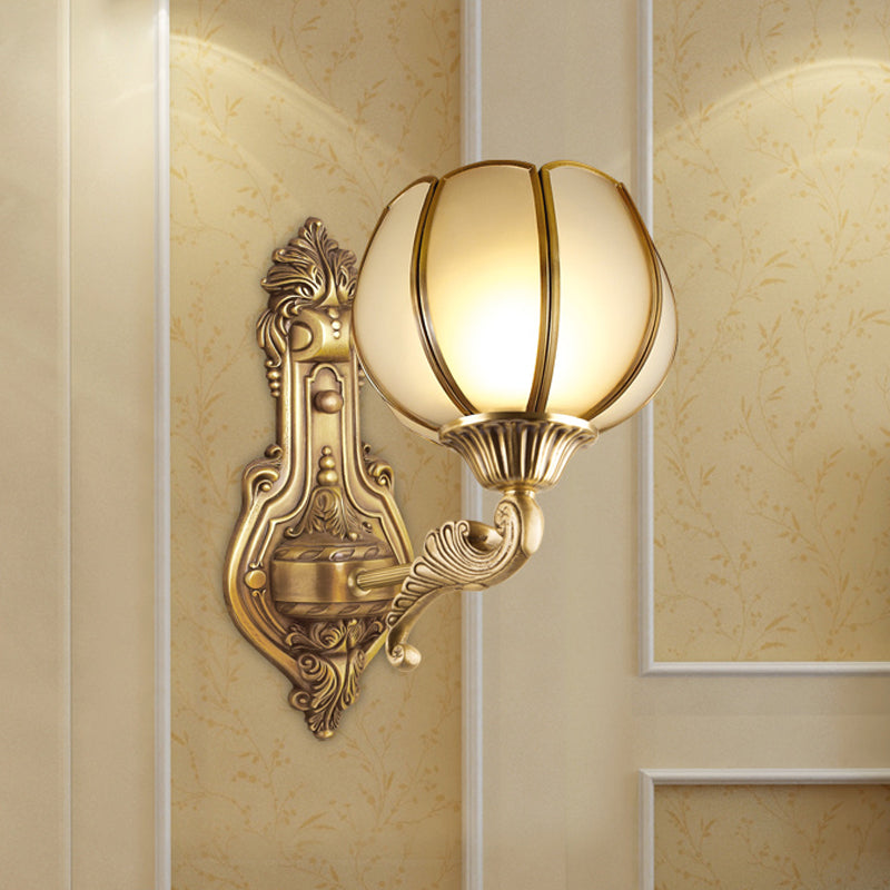 Colonial Domed Up Wall Lighting 1 Light Textured/Opal Glass Wall Mounted Lamp Fixture in Brass