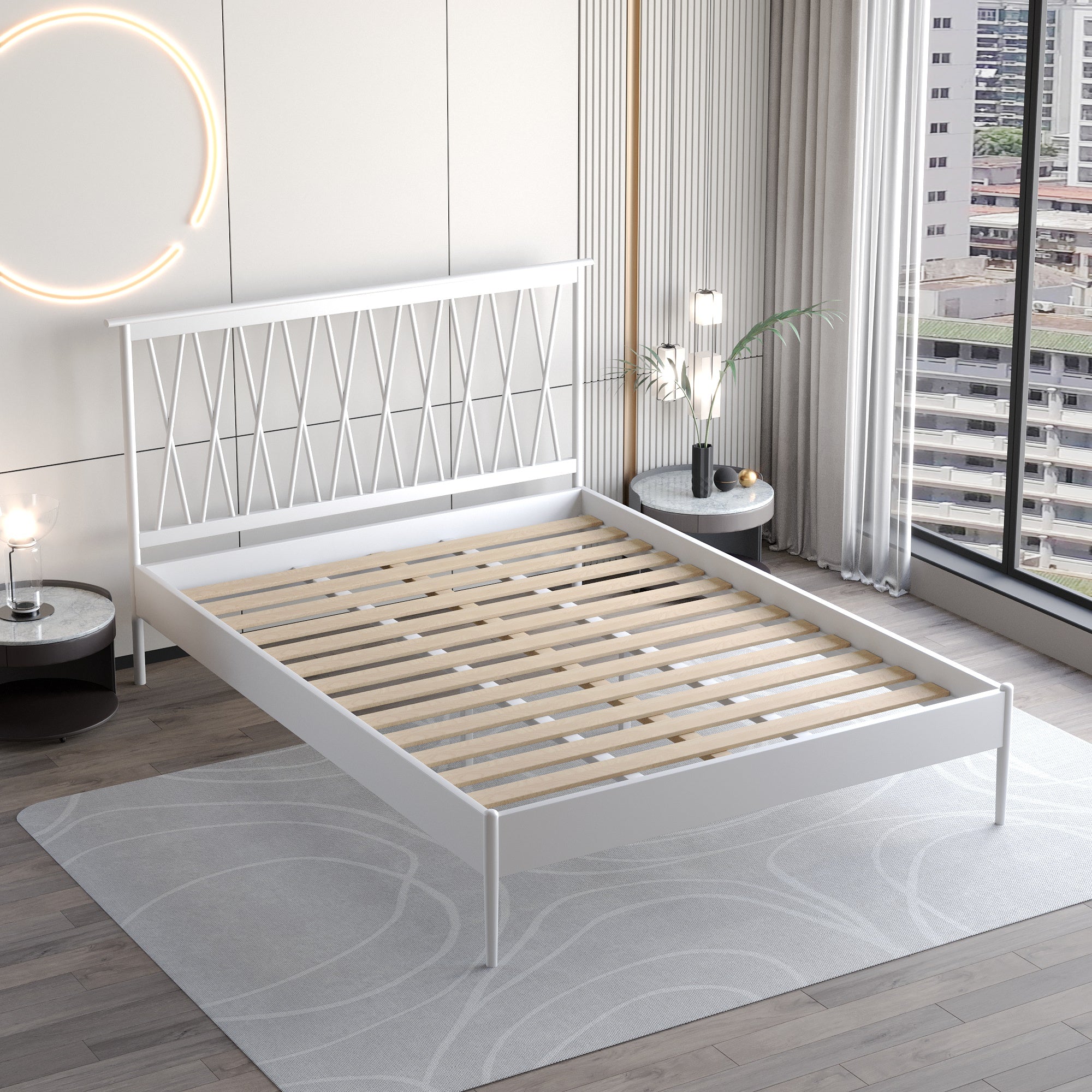 47.24" Height Metal Frame Standard Bed with Rectangle Open-Frame Headboard