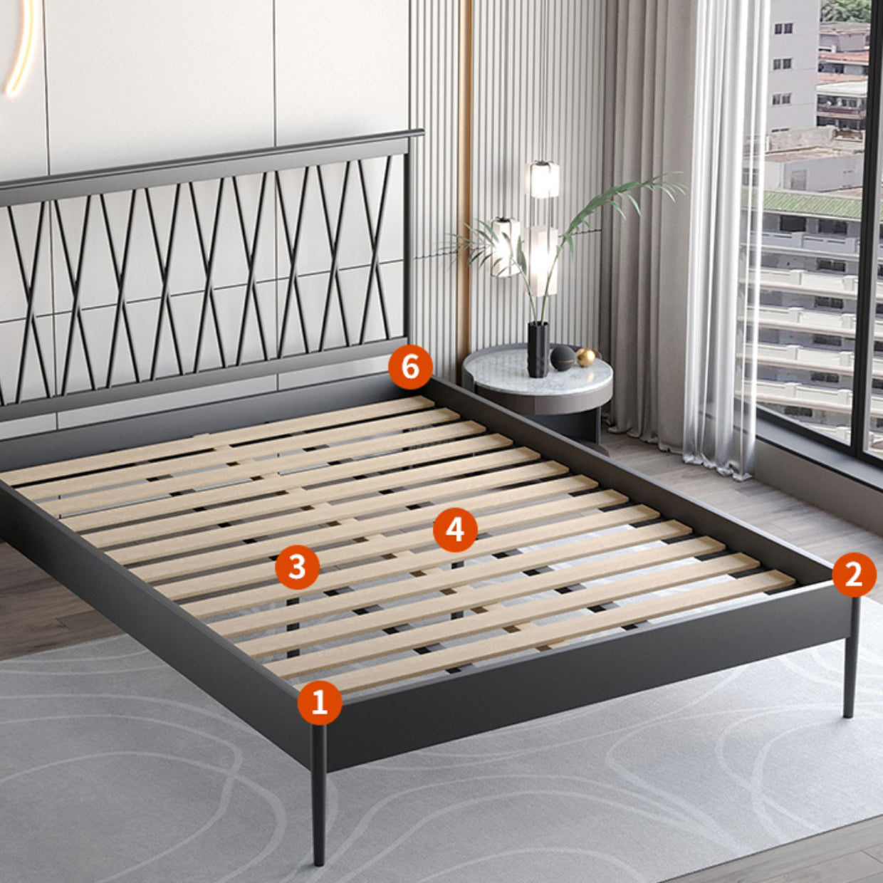 47.24" Height Metal Frame Standard Bed with Rectangle Open-Frame Headboard