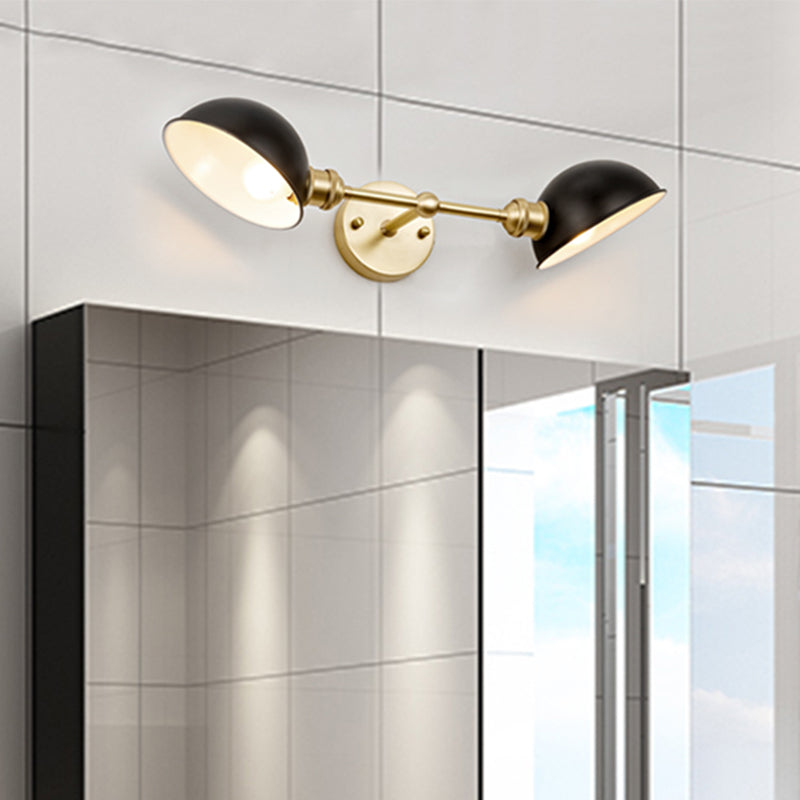 Metallic Dual Dome Vanity Light Fixture Vintage 2 Bulbs Bathroom Wall Mount Lamp in Black/Brass