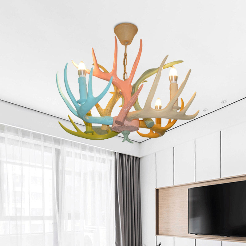 Macaron Antler Ceiling Chandelier Resin 4/6 Bulbs Child Room Suspension Light in Blue-Pink-Yellow with Open Bulb Design