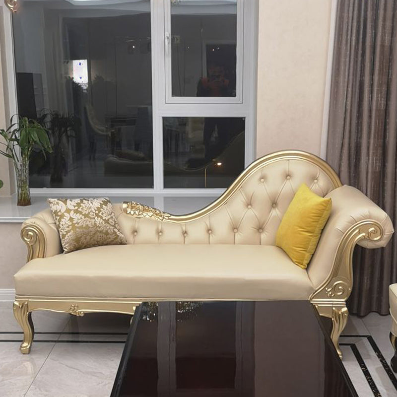 Faux Leather Upholstered Tufted Chaise Lounge Chair in Beige and Gold