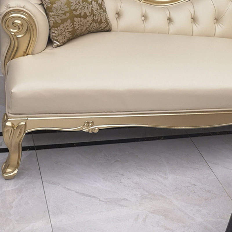 Faux Leather Upholstered Tufted Chaise Lounge Chair in Beige and Gold