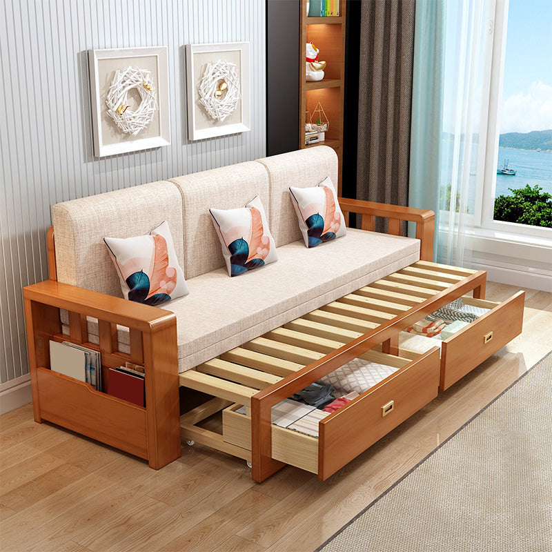 Removable Cushions Scandinavian Solid Wood Futon Sleeper Sofa Bed