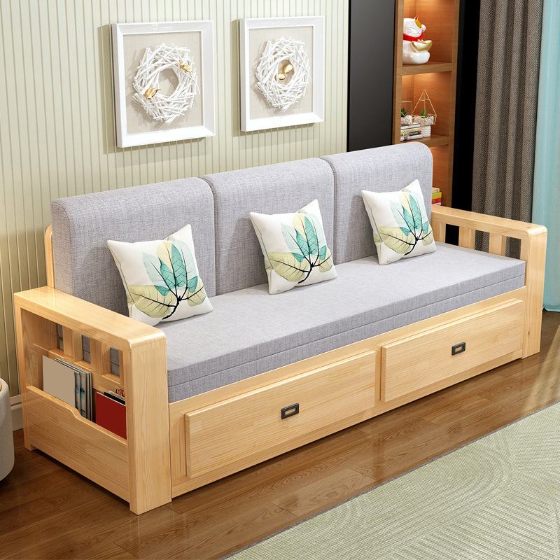 Removable Cushions Scandinavian Solid Wood Futon Sleeper Sofa Bed
