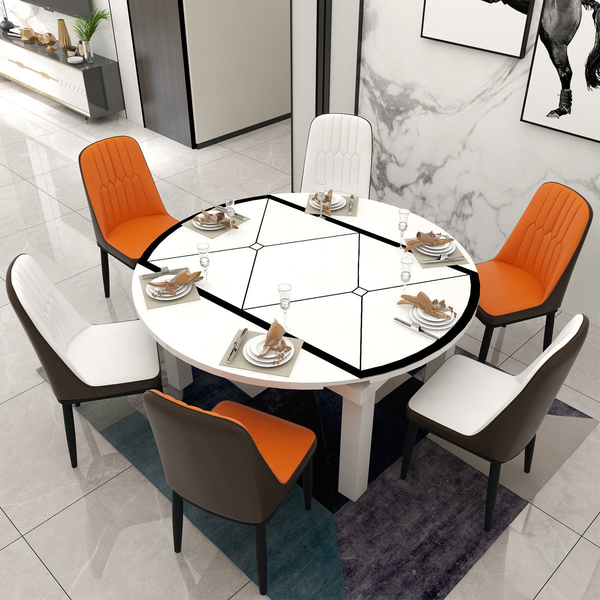 Modern Extendable Round Glass Top Dining Table with Solid Wood Legs