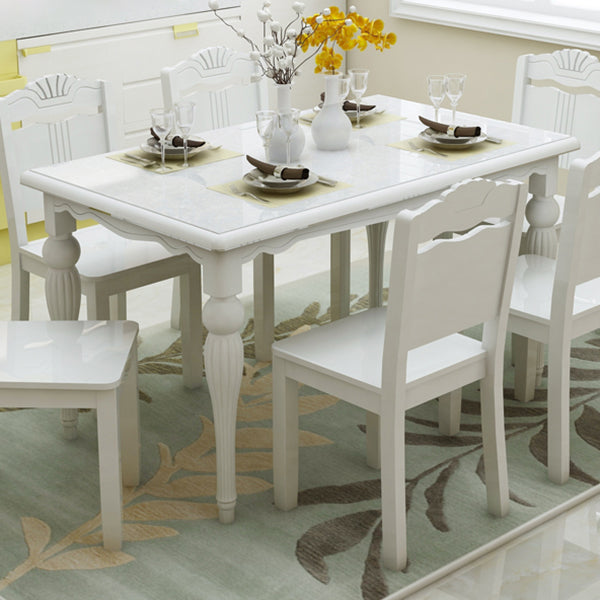 Modern White Rectangular Glass Top Dining Table with Solid Wood Legs
