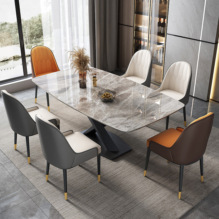 Modern Rectangular Grey Stone Top Dining Table with Black Pedestal Base