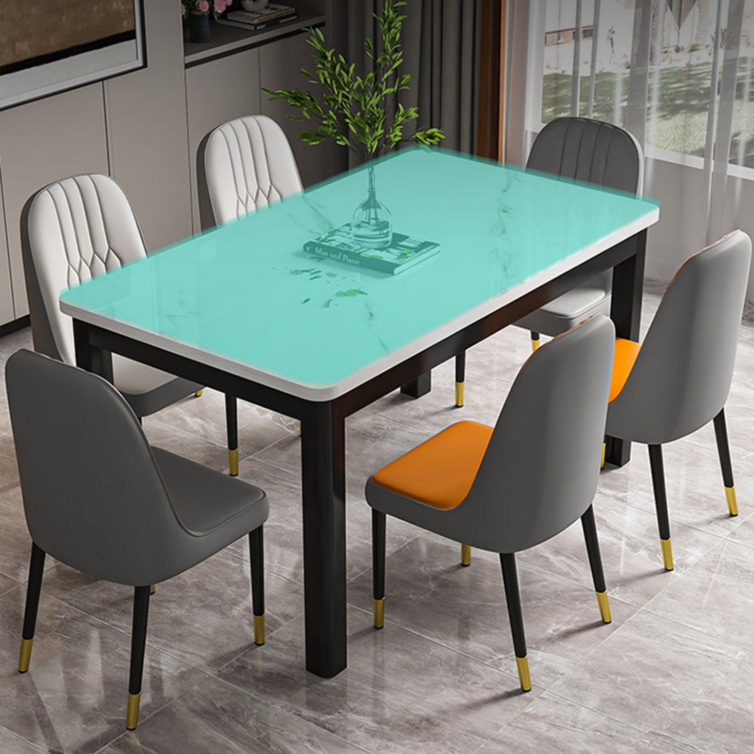 Modern Rectangular Glass Top Dining Table with White and Black 4 Foot