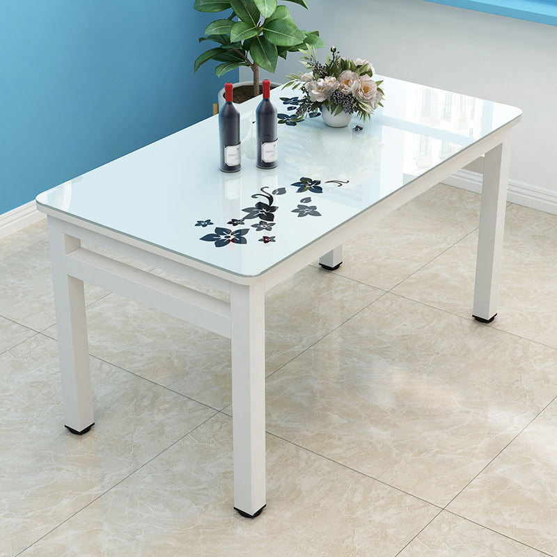 Modern White Rectangular Glass Top Dining Table with Double Pedestal
