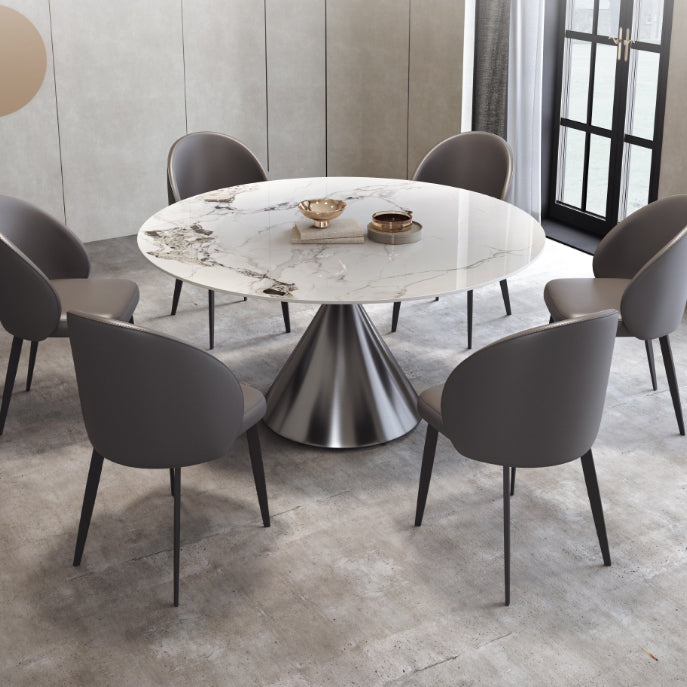 Modern Round White Stone Top Dining Table with Grey Pedestal